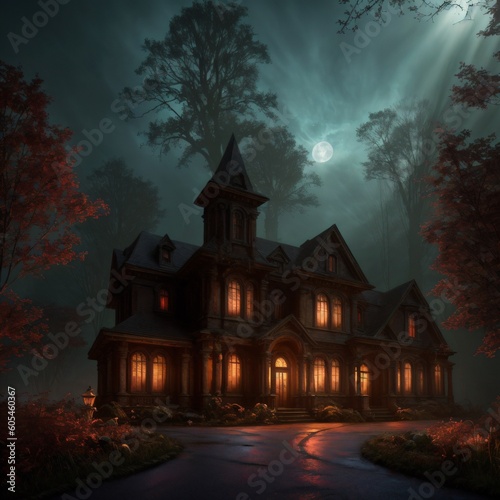 Dark house in florest at night with fog.Created with Generative AI