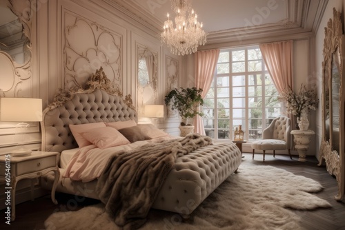 Parisian-inspired cozy dreamy bedroom with a tufted headboard  ornate mirrors  and elegant accents  channeling a sense of romance and sophistication - Generative AI