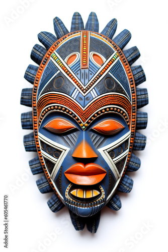 A wooden mask with a blue and orange face. Generative AI. African tribal mask.