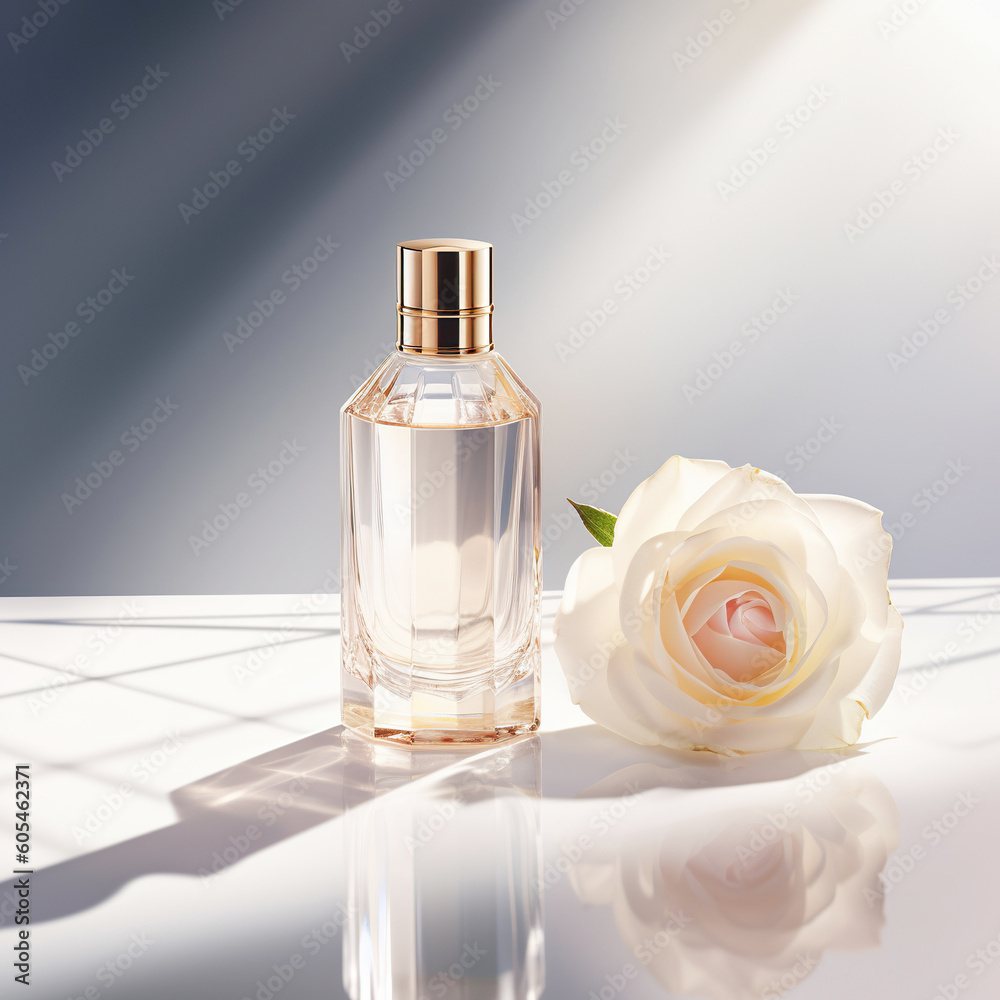 Bottle of perfume with flowers on studio background with rays of light. Generative AI Bottle of perfume with flowers on studio background with rays of light. Generative AI