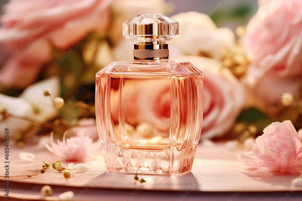 Bottle of perfume with flowers on color background. Generative AI Bottle of perfume with flowers on color background. Generative AI
