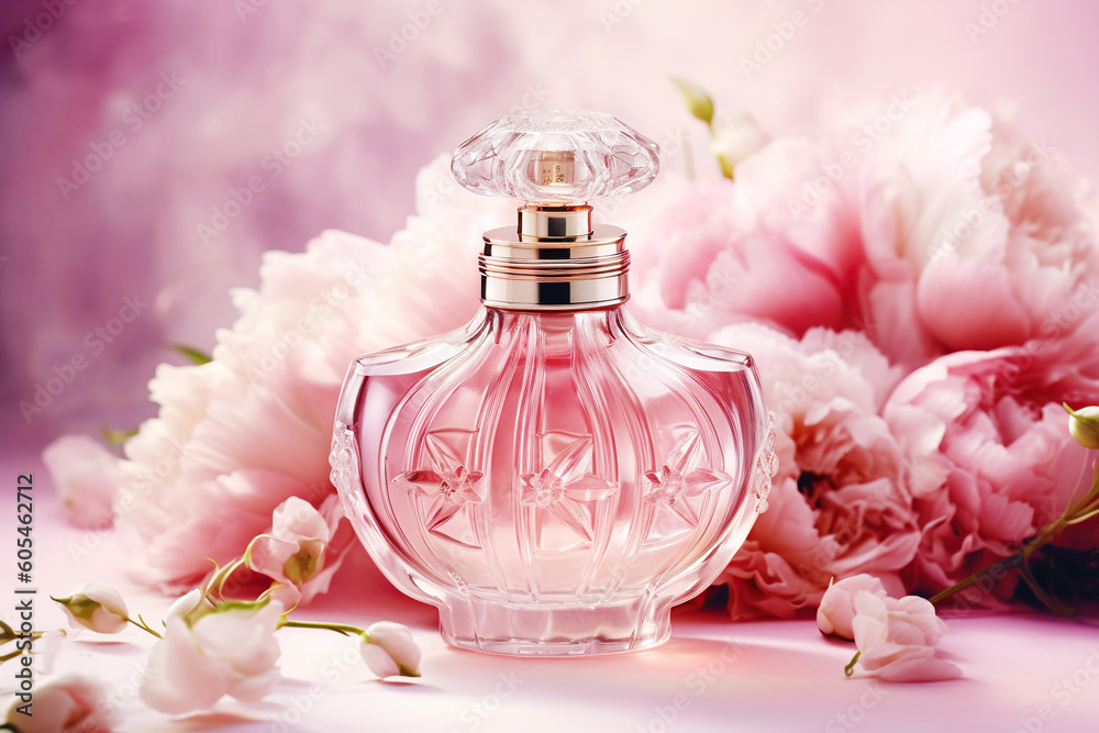 Bottle of perfume with flowers on color background, peony. Generative AI Bottle of perfume with flowers on color background, peony. Generative AI