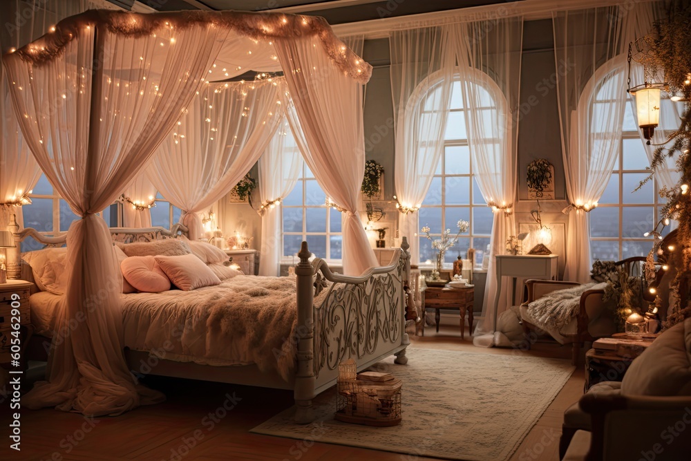 Fairy tale-inspired cozy dreamy bedroom with a four-poster canopy bed ...