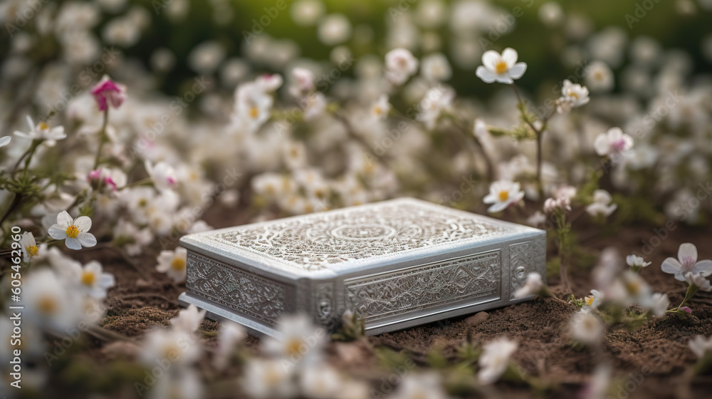 Quran on spring flowers background. Arabic book and flowers. Holy al