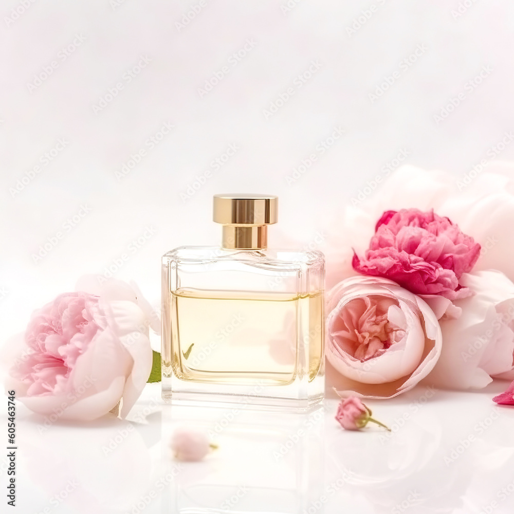 Bottle of perfume with flowers on on a pink background. Generative AI Bottle of perfume with flowers on on a pink background. Generative AI