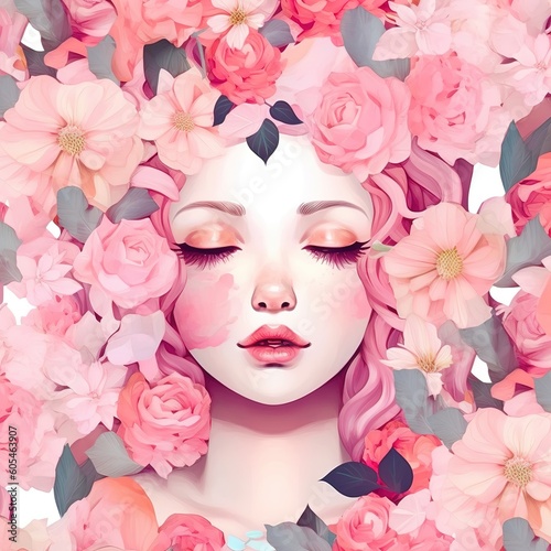 portrait of a girl in pastel pink shades. flowers around the face. roses and peonies © LELISAT