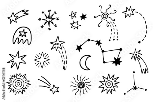 Outer Space cute cosmic hand drawn doodles set.