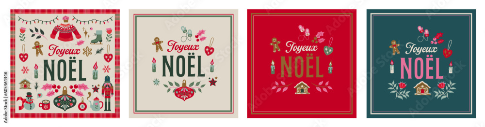 4 french greeting cards, Wish cards for christmas. Bundle icons illustrations Xmas, stars, hot chocolate, trees in a vector style.