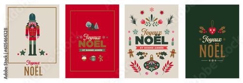 4 french greeting cards, Wish cards for christmas. Bundle icons illustrations Xmas, stars, hot chocolate, trees in a vector style., celebration