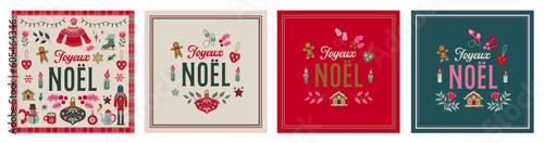 4 french greeting cards, Wish cards for christmas. Bundle icons illustrations Xmas, stars, hot chocolate, trees in a vector style.