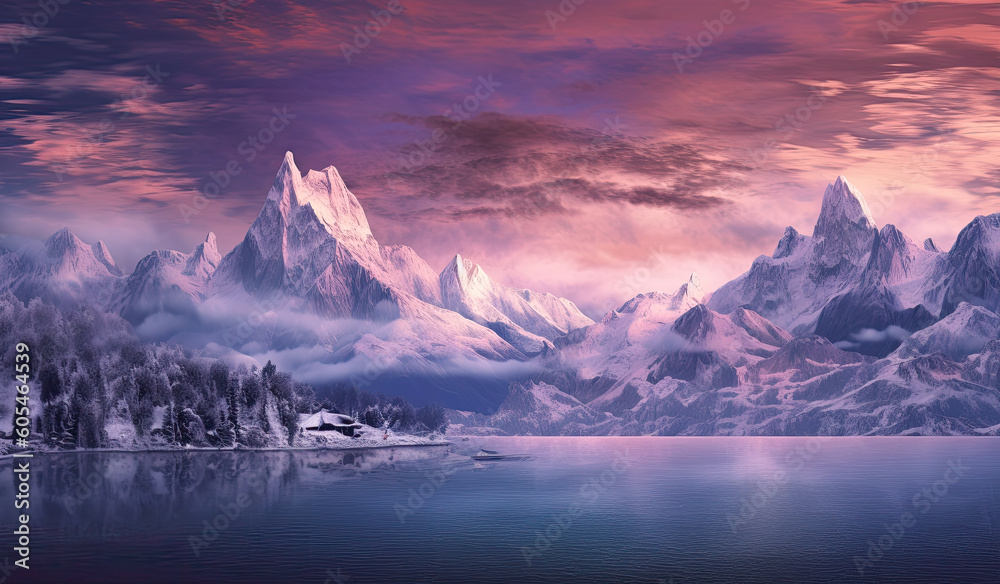 Fototapeta premium paisaje de un mundo irreal en tonos purpuras con montañas nevadas. Ilustracion de IA generativa