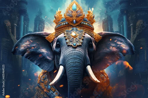 Obraz ilustracion de pintura de un elefante colorido con corona de rey. Ilustracion de IA generativa