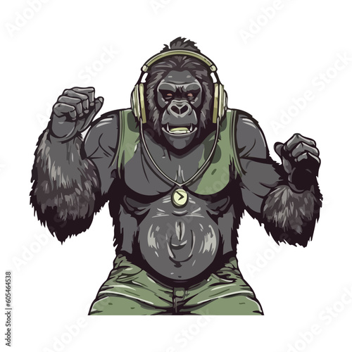 Muscular gorilla mascot with headphones