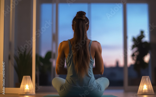  mujer joven  de espaldas sentada, relajandose haciendo yoga en casa , mirando el  amanecer con velas encendidas  photo