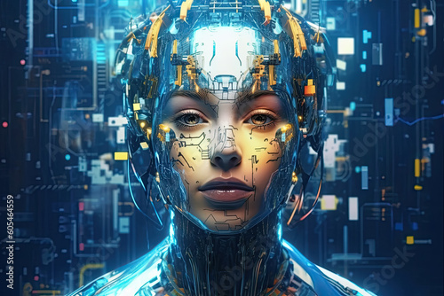 ilustración con retrato de un robot concepto de inteligencia artificial femenina, sobre fondo azul con datos de la nube