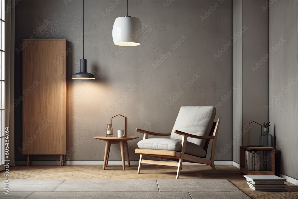 Interior design of a modern room with a chair, pillows, table, frames, and a lamp. Generative AI Interior design of a modern room with a chair, pillows, table, frames, and a lamp. Generative AI