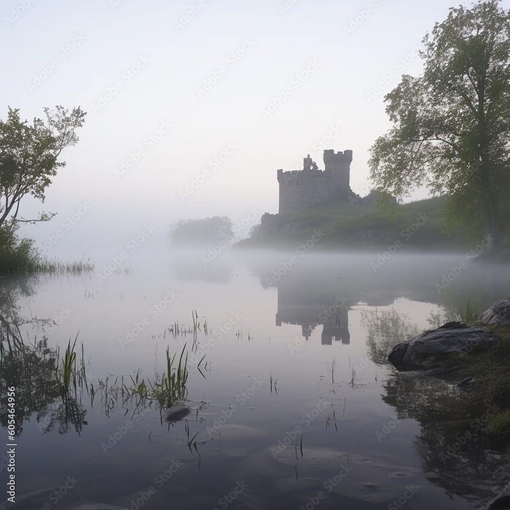 Scottish Castle on a lake in the mist, enchanting and mysterious, relaxing - AI generated
