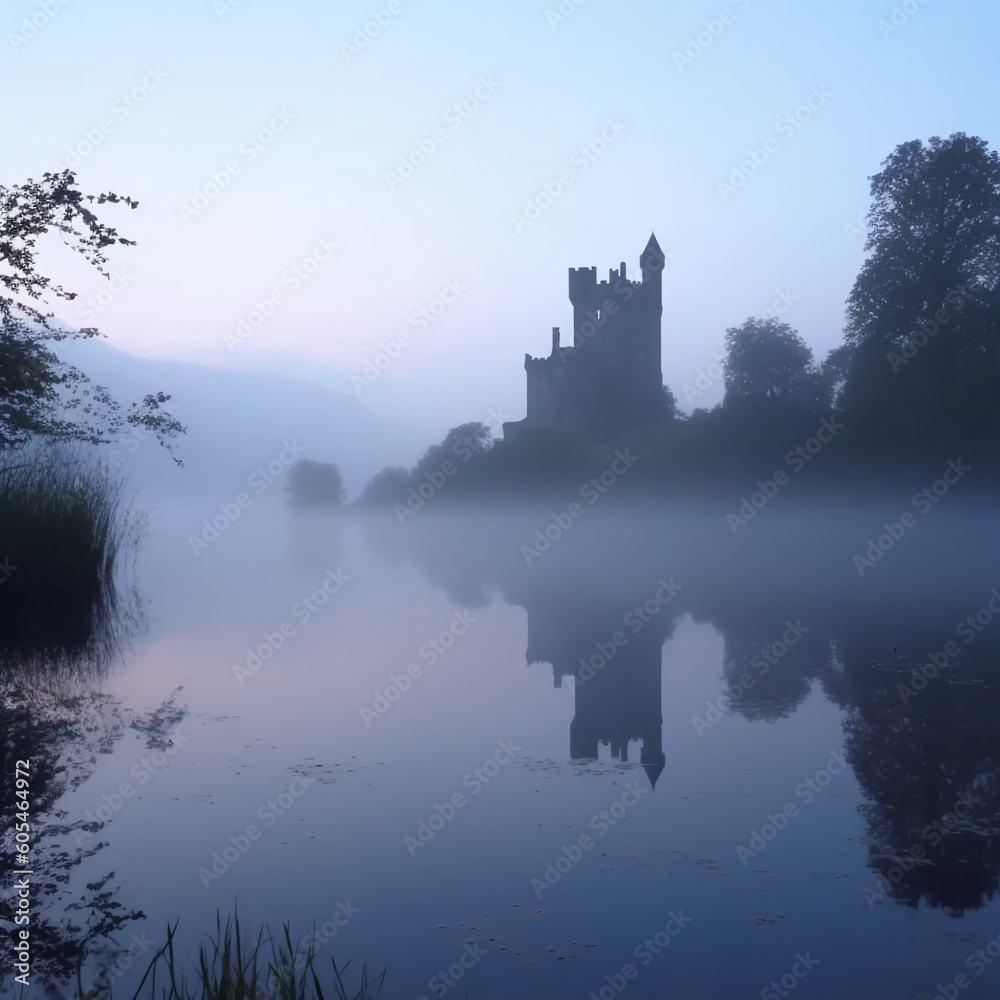 Scottish Castle on a lake in the mist, enchanting and mysterious, relaxing - AI generated