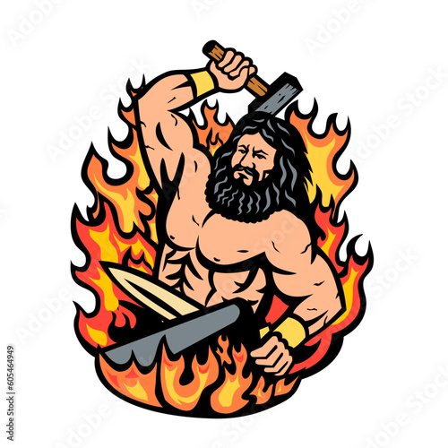 Mascot illustration of Hephaestus Greek god of forge and fire wielding a blacksmith hammer forging sword spear on anvil with fiery flames front view on isolated background done in retro cartoon style. photo