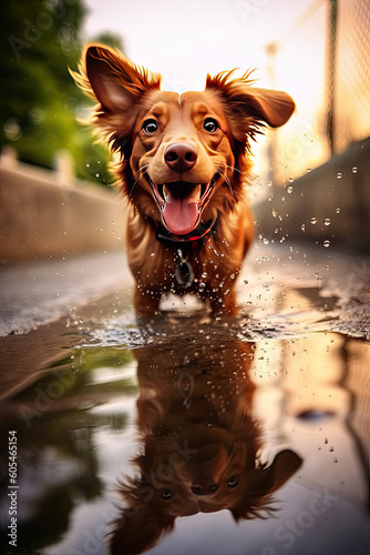 A dog having fun while running through a water puddle © Franziska