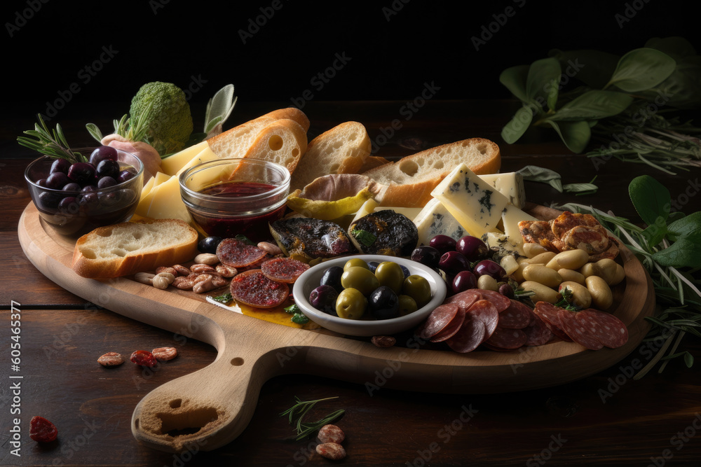 Fototapeta premium Antipasti Platter featuring Balsamic Vinegar, Extra Virgin Olive Oil, Baguette, Succulent Olives, and Sun-Dried Tomatoes - Generative AI 