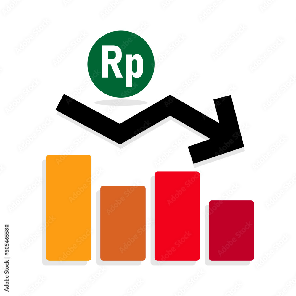 Decreasing graph icon with bar, Rupiah symbol and growing arrow. Minus growth symbol. Decreasing graph icon with bar, Rupiah symbol and growing arrow. Minus growth symbol.
