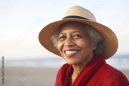 Senior afro-american woman in red dress relaxing on a beach. Generative AI