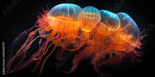 AI Generated. AI Generative. Vibrant jellyfish on black background. Graphic Art © AkimD