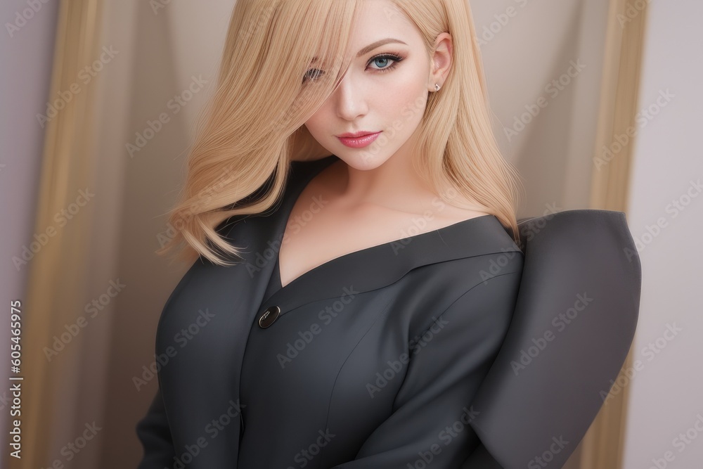 Close up Portrait of shiny young business woman dressed in black fashion dress on pastel background. Beautiful sexy woman with blond hair and in attractive blouse poses for picture. Generative AI Close up Portrait of shiny young business woman dressed in black fashion dress on pastel background. Beautiful sexy woman with blond hair and in attractive blouse poses for picture. Generative AI