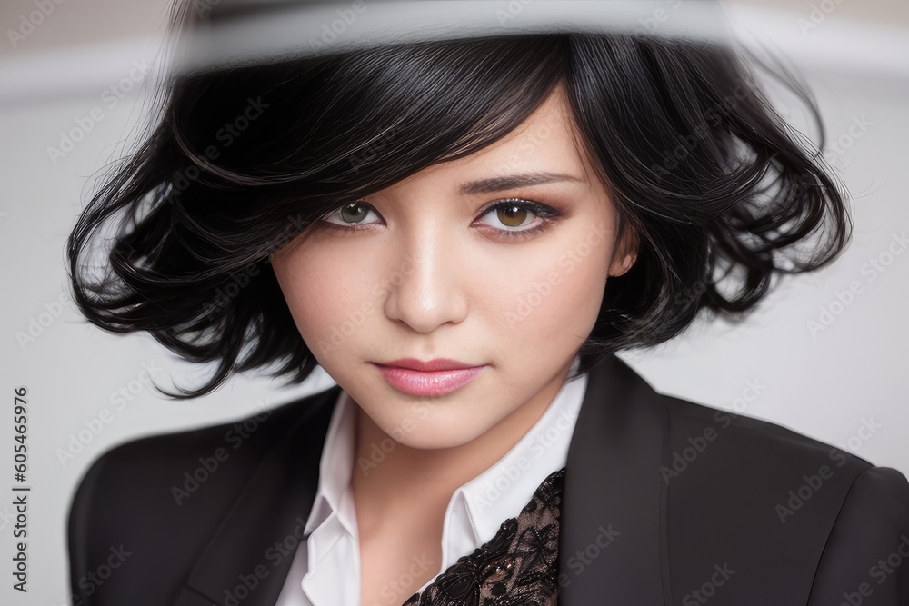 Portrait of young business woman dressed in black fashion jacket on grey background. Beautiful sexy lady with short black hair and in business suit with white blouse poses for picture. Generative AI Portrait of young business woman dressed in black fashion jacket on grey background. Beautiful sexy lady with short black hair and in business suit with white blouse poses for picture. Generative AI