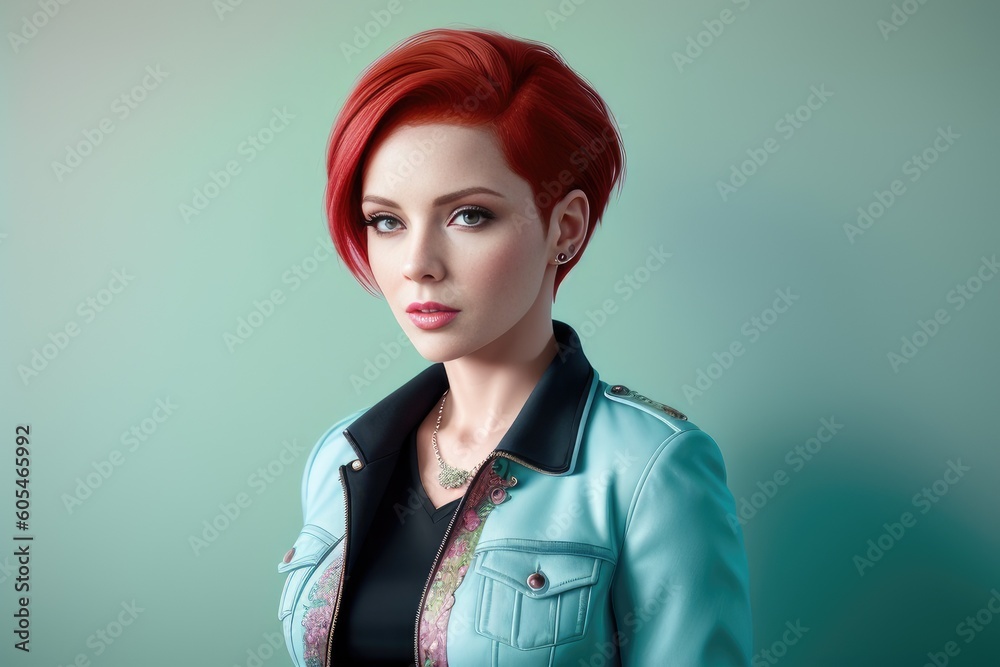 Attractive Young short red hair business lady looking into camera. Beautiful business women with bob hair and in green leather jacket posing with colorful background for presentation. Generative AI Attractive Young short red hair business lady looking into camera. Beautiful business women with bob hair and in green leather jacket posing with colorful background for presentation. Generative AI