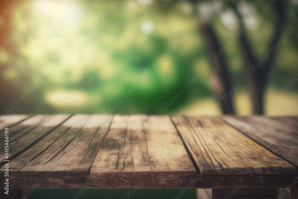 wooden table with a blurred background, perfect for a cozy workspace or rustic interior design. Generative AI