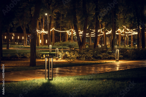 Bright garlands of light bulbs, on trees in a night park. The night park is decorated with beautiful garlands that hang on trees. photo