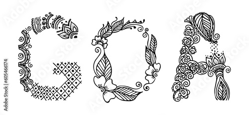 GOA letters in henna tattoo style isolated on white background. Ornamental typography for travel to India
