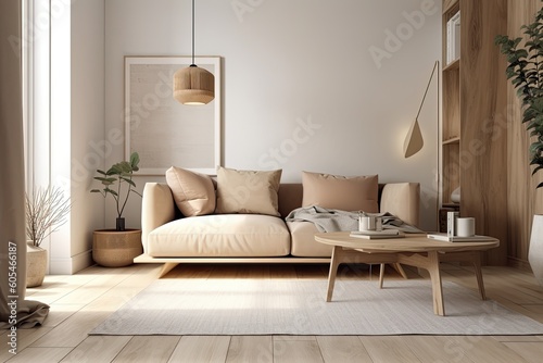 Interior design of modern room with sofa, pillows, and plant. Generative AI © Vusal