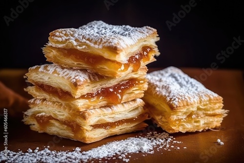 Flaky pastry with icing sugar Flaky pastry also known as quick pastry blitz pastry Food photography photo