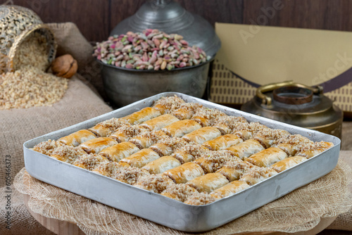 Traditional turkish baklava pistachio pastry. Dilberdudagi, ozel kesim baklava, cikolatali baklava, fistikli baklava. 
 photo