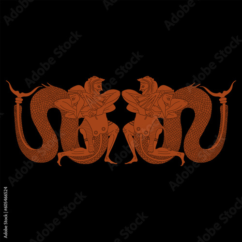 Symmetrical ethnic design with ancient Greek hero Heracles fighting river god Achelous with fish tail. Vase painting style. Black and red silhouette. photo