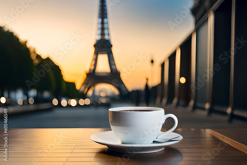 coffee cup in front of an illuminated street with the eiffel tower in the background © Beste stock