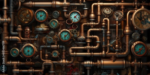 AI Generated. AI Generative. Steampunk vintage retro old pipes system. Graphic Art