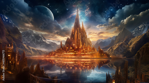 Asgard city, futuristic, mythology, fantasy, space, city, city landscape, temple, castle, clouds, night sky, Generated by AI