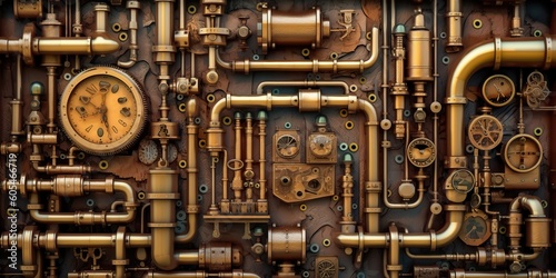AI Generated. AI Generative. Steampunk vintage retro old pipes system. Graphic Art © AkimD