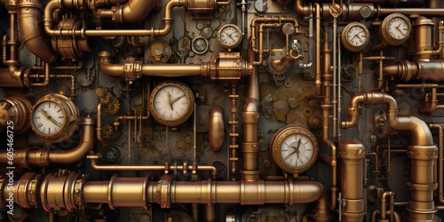 AI Generated. AI Generative. Steampunk vintage retro old pipes system. Graphic Art © AkimD