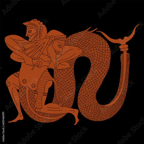 Ancient Greek hero Heracles fighting river god Achelous with fish tail. Vase painting style. Black and red silhouette. photo