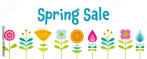 Spring Sale - Schriftzug in englischer Sprache - Frühlingsverkauf. Verkaufsbanner mit Fantasieblumen in Pastellfarben.