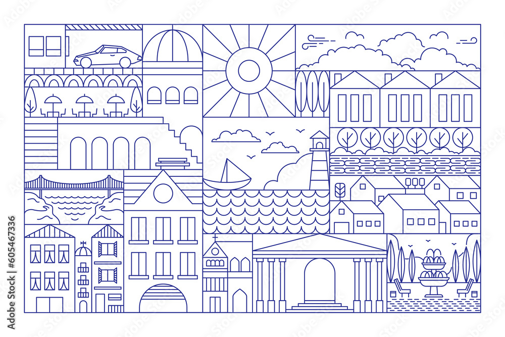 Geometric city landscape line banner. Simple outline urban town building park sea recreation zone. Vector illustration