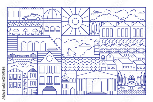 Geometric city landscape line banner. Simple outline urban town building park sea recreation zone. Vector illustration