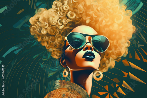 Glamorous woman with afrolatin flair and futuristic glasses, surrounded by art deco-inspired details and vibrant light rays, Generative AI  photo