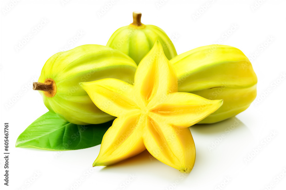 Starfruit, carambola with green leaves isolated on white background. Starfruit, carambola with green leaves isolated on white background.