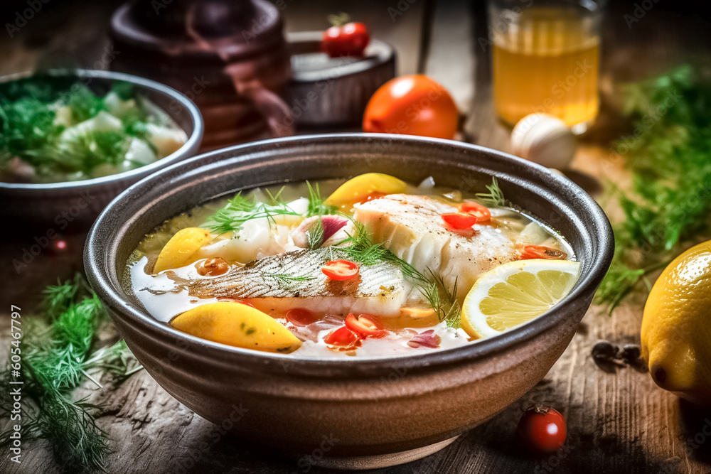 Fish soup. Fish soup kachukko, with sea products, tomatoes and lemon. generative ai
